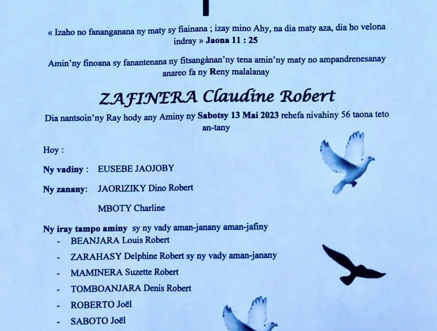 ZAFINERA Claudine Robert, vadin’i Jaojoby Eusebe. 
 Ny Alatsinainy 15 May 2023 n…