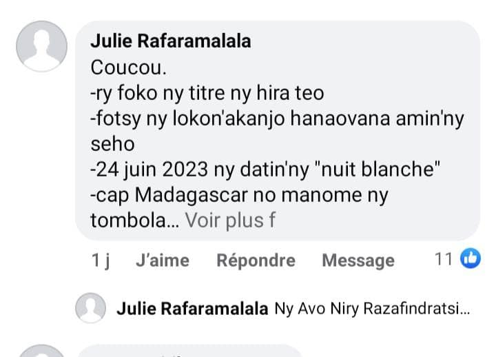 Salama daholo.
 -I JULIE  RAFARAMALALA NO NAHAZO tapakila hidirana rahariva. 
 -…