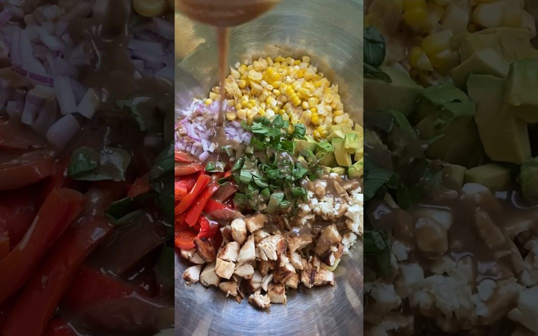 grilled chicken pasta salad with balsamic tahini dressing 🥑🌽🌶️